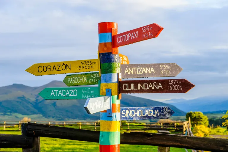 A weathered signpost with a dozen colorful directional arrows, each pointing a different way